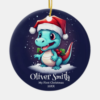 Ornamento De Cerâmica Nome Personalizado do Dinossauro Primeiro Natal