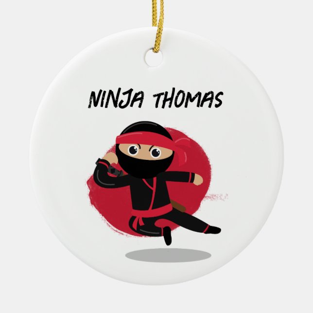 Ornamento De Cerâmica Nome Personalizado do Guerreiro Ninja Canto Preto  (Frente)
