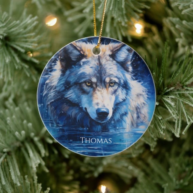 Ornamento De Cerâmica Nome Personalizado do Lobo Inverno (Árvore)