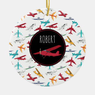 Ornamento De Cerâmica Nome Personalizado do Padrão de Aviões Coloridos