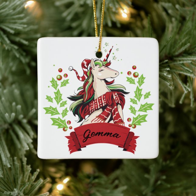 Ornamento De Cerâmica Nome Personalizado do Unicorn de Natal Bonito (Árvore)