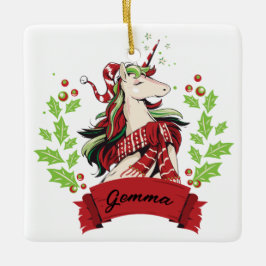 Ornamento De Cerâmica Nome Personalizado do Unicorn de Natal Bonito