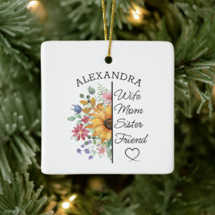 Ornamento De Cerâmica Nome Personalizado e Texto Floral Esposa Mãe Irmã