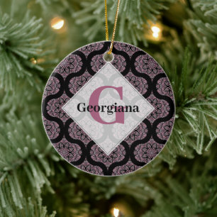 Ornamento De Cerâmica Nome Personalizado Fronteira Floral do Rosa Retrod