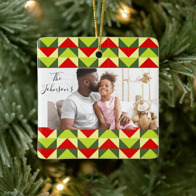 Ornamento De Cerâmica Nome Personalizado Geométrico Ano e Foto (Árvore)