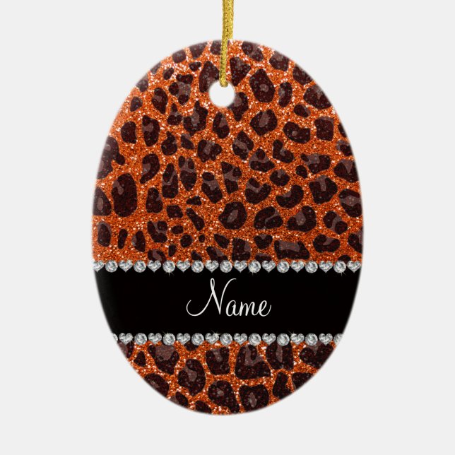 Ornamento De Cerâmica Nome personalizado glitter laranja impressão leopa (Frente)