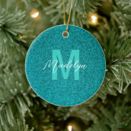 Ornamento De Cerâmica Nome Personalizado Glitter verde elegante
