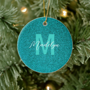 Ornamento De Cerâmica Nome Personalizado Glitter verde elegante