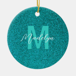 Ornamento De Cerâmica Nome Personalizado Glitter verde elegante