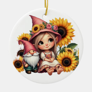 Ornamento De Cerâmica Nome personalizado gnoma girassóis