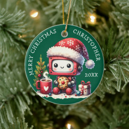 Ornamento De Cerâmica Nome personalizado Green Merry Christmas — Robot