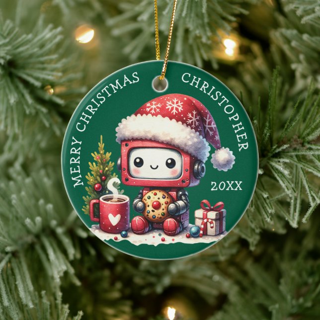 Ornamento De Cerâmica Nome personalizado Green Merry Christmas — Robot (Árvore)