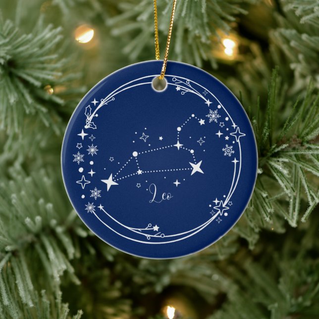 Ornamento De Cerâmica Nome personalizado Leo Zodiac Blue Siver (Árvore)