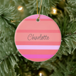 Ornamento De Cerâmica Nome Personalizado - Listras Rosa Natal