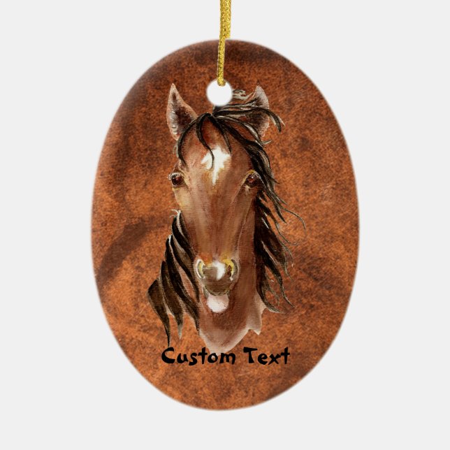 Ornamento De Cerâmica Nome Personalizado, Monograma, Cavalo de Aquarela  (Frente)