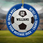 Ornamento De Cerâmica Nome Personalizado Número da Equipe Nome da Bola d<br><div class="desc">Nome personalizado,  número,  nome da equipe e presente de futebol de mensagem. Você pode personalizar a cor de fundo para corresponder à sua equipe favorita. Projetado por Thisnotme©</div>