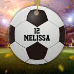 Ornamento De Cerâmica Nome Personalizado Número de bola de futebol<br><div class="desc">Presente personalizado de bola de futebol com número de equipe. Projetado por Thisnotme©</div>