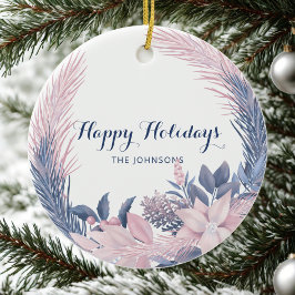 Ornamento De Cerâmica Nome personalizado Pastel Wreath Felizes Feriados