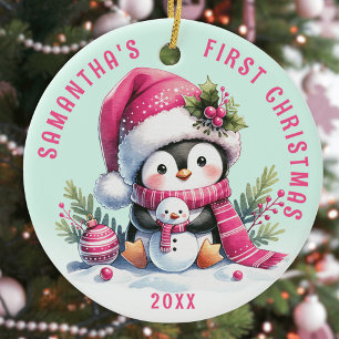 Ornamento De Cerâmica Nome Personalizado Penguin Rosa Pink Mint Primeiro