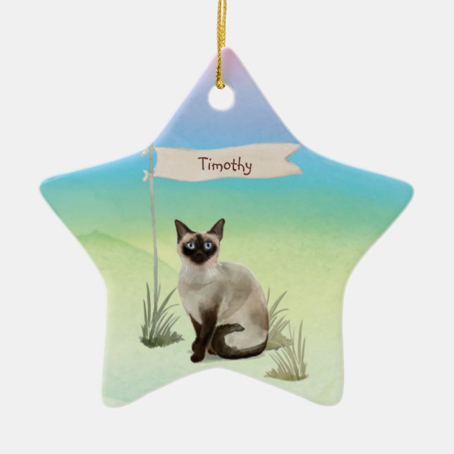 Ornamento De Cerâmica Nome Personalizado Pet de Gato Siamês (Frente)