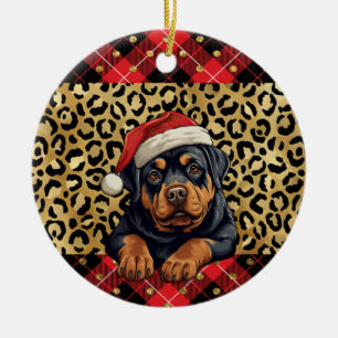 Ornamento De Cerâmica Nome Personalizado Rottweiler cão Santa hat Xadrez