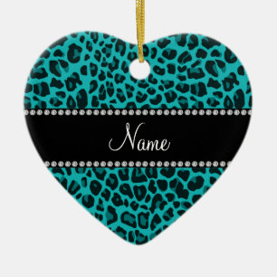 Ornamento De Cerâmica Nome personalizado turquesa padrão leopardo