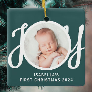 Ornamento De Cerâmica Nome Personalizado Verde da Primeira Foto de Natal