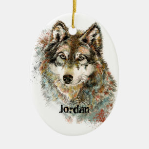 Ornamento De Cerâmica Nome Personalizado Wolf Cinza Personalizado