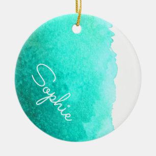 Ornamento De Cerâmica Nome simples moderno azul do Natal da aguarela