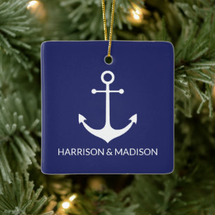 Ornamento De Cerâmica Nomes de casais personalizados azuis marinho ânco