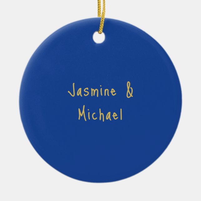 Ornamento De Cerâmica Nomes de Casal de Caligrafia Chic Adorável Azul e  (Frente)