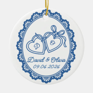 Ornamento De Cerâmica Nomes de iniciais de casamento & Data