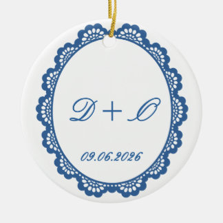Ornamento De Cerâmica Nomes e Data do Brinde de Champanhe de Casamento