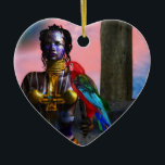 Ornamento De Cerâmica NORA CYBER WARRIOR E MACAW Science Fiction Heart<br><div class="desc">A preto tatuou a beleza com joias elegantes de ouro com seu papagaio vermelho colorido,  sob o céu cósmico rosa com planetas azuis.Moldura de animação artística do filme de ficção científica de animação Hyperion World 3d.</div>