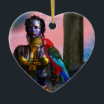Ornamento De Cerâmica NORA CYBER WARRIOR E MACAW Science Fiction Heart<br><div class="desc">A preto tatuou a beleza com joias elegantes de ouro com seu papagaio vermelho colorido,  sob o céu cósmico rosa com planetas azuis.Moldura de animação artística do filme de ficção científica de animação Hyperion World 3d.</div>
