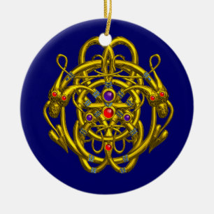 ORNAMENTO DE CERÂMICA NÓS CELTICOS DOURADOS COM DRAGÕES GÊMEOS