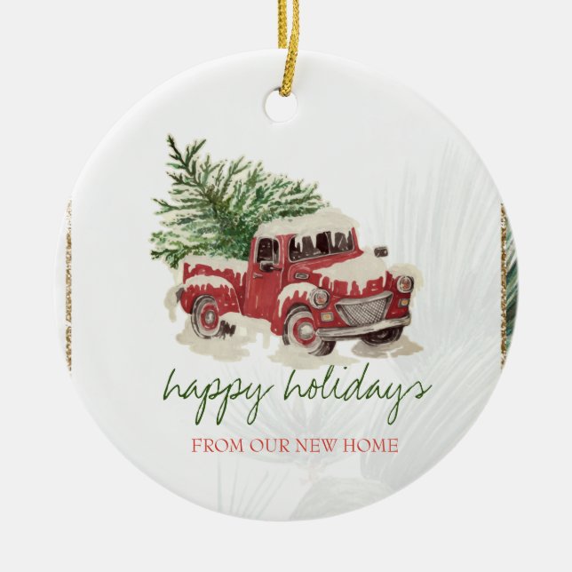 Ornamento De Cerâmica Nós Nos Mudamos, Caminhão Vermelho, Feriado de Nev (Frente)