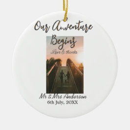 Ornamento De Cerâmica Nossa aventura começa casal foto amor e obrigados