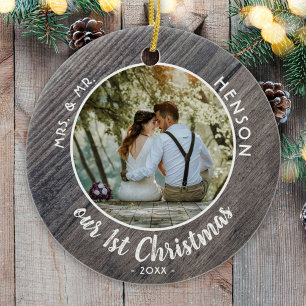 Ornamento De Cerâmica Nossa Foto de Casal Recém-Casados no 1º Natal