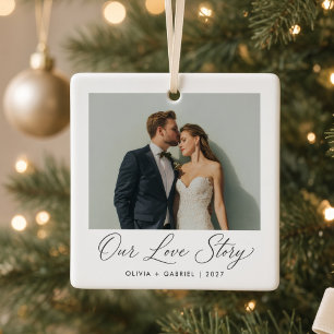 Ornamento De Cerâmica Nossa História de Amor Casal de Foto de Casamento