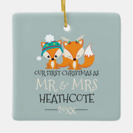 Ornamento De Cerâmica Nossa Primeira Cartoon de Natal Red Fox Personaliz