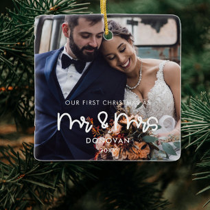 Ornamento De Cerâmica Nossa primeira foto de casamento de Natal