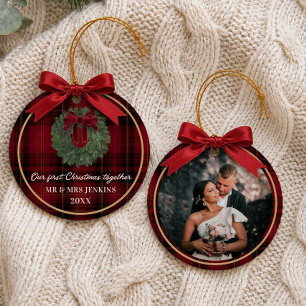 Ornamento De Cerâmica Nossa Primeira Foto de Natal Juntos em Xadrez