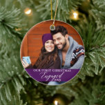 Ornamento De Cerâmica Nossa Primeira Foto Envolvida no Natal Roxo<br><div class="desc">Nosso Primeiro Natal Engajou o Ornamento de Foto Púrpura de Casal com Flocos de Neve de volta.</div>