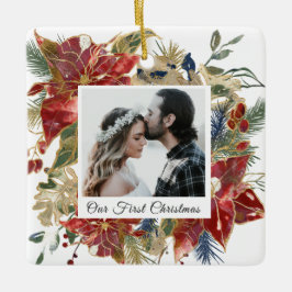 Ornamento De Cerâmica Nossa primeira fotografia de Natal Elegante Floral