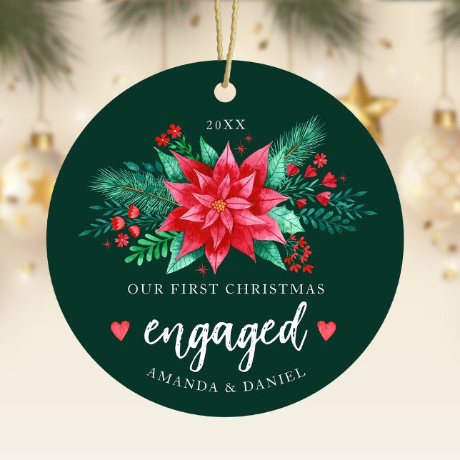 Ornamento De Cerâmica Nossa Primeira Poinsettia De Aquarela De Natal (Our First Christmas Engaged Watercolor Poinsettia Ceramic Ornament)