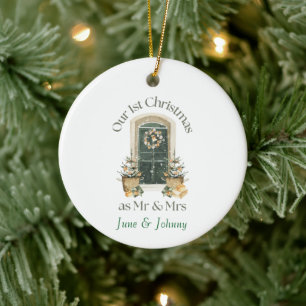 Ornamento De Cerâmica Nosso 1º Natal como Sr e Sra Green Porta de Invern