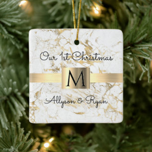 Ornamento De Cerâmica Nosso 1º Natal Monograma Nomes Mármore Dourado/Bra