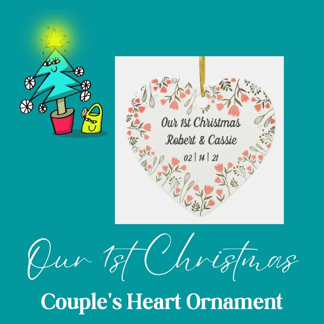 Ornamento De Cerâmica Nosso casamento personalizado de natal de 1rua (Personalized Couple's Heart Ornament)
