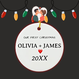 Ornamento De Cerâmica Nosso Primeiro Coração de Casal de Natal